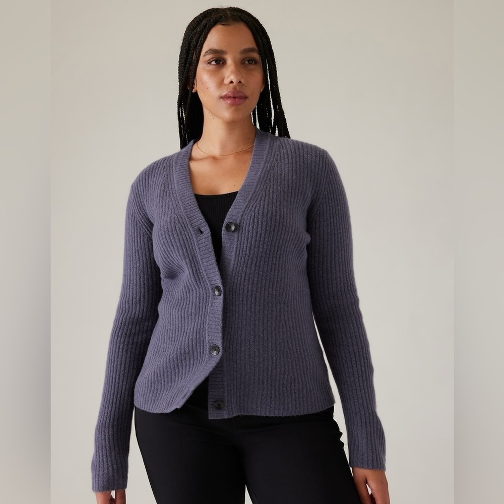 Athleta Ribbed Button-Front Cardigan in Dusty Purple
